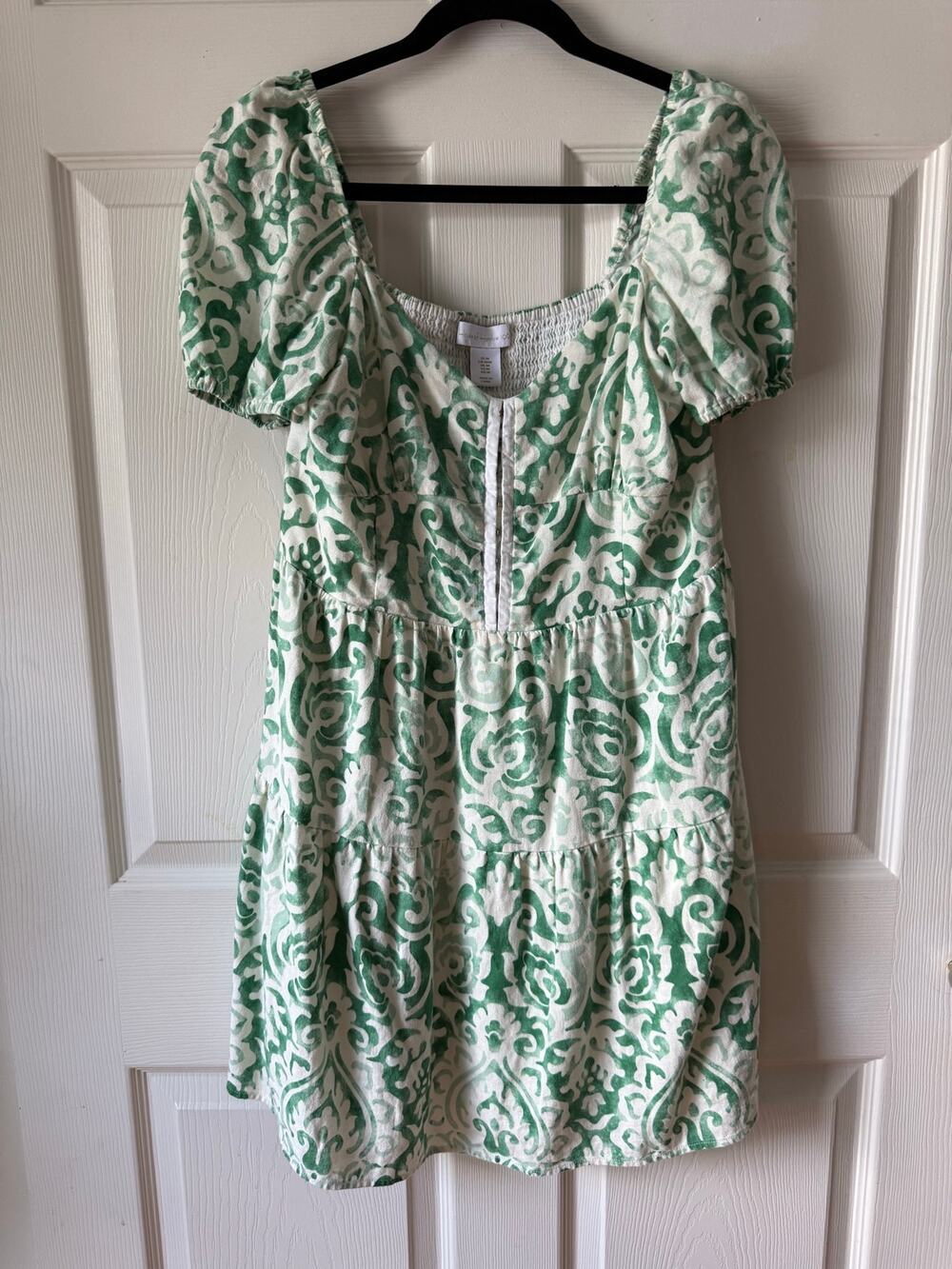 House of Harlow 1960 Green Linen Blend Milkmaid Tiered Mini Dress Size M